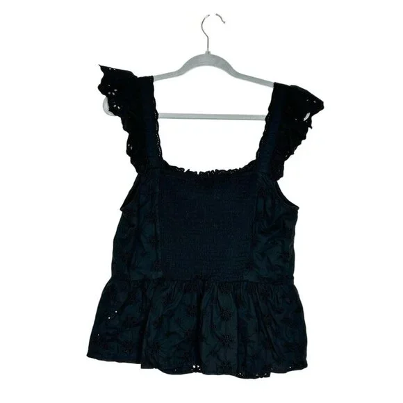 Gap Eyelet Flutter Sleeve Tank Top Women’s Sz L Black Buttons Cottagecore - Picture 2 of 7
